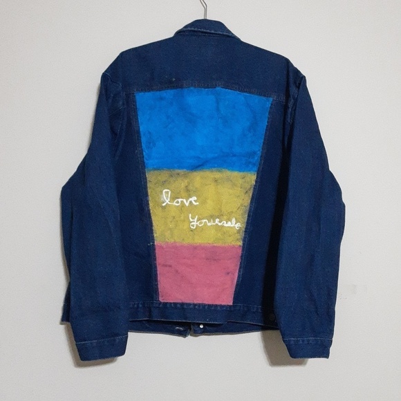 Vintage wrangler Blue Denim Jacket custom painted Y2K thick street wear XXL/TTG - Picture 2 of 8